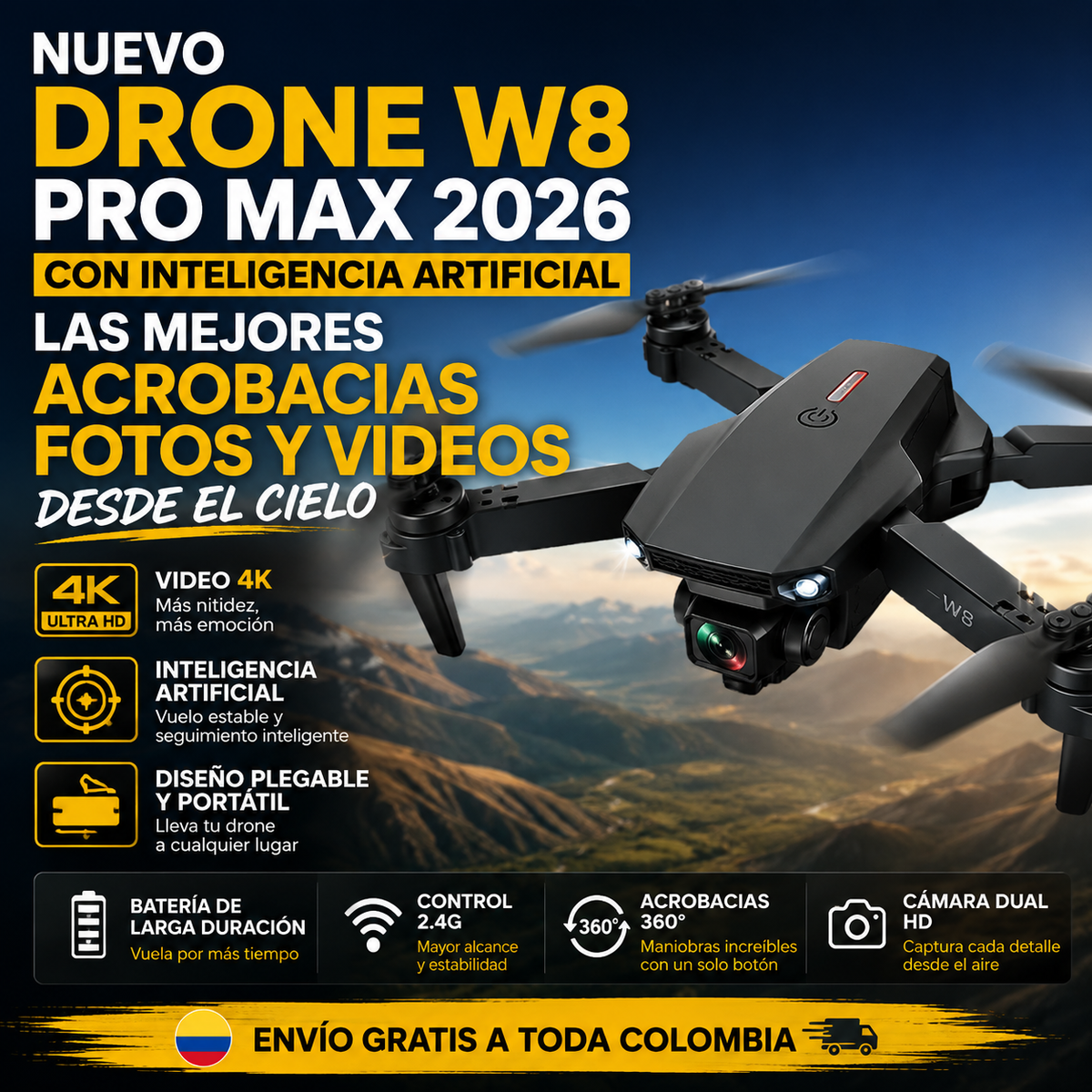 NUEVO DRONE W8 PRO MAX 2026 CON INTELIGENCIA ARTIFICIAL LAS MEJORES ACROBACIAS FOTOS Y VIDEOS DESDE EL CIELO